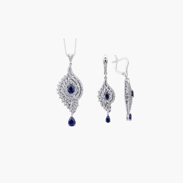 Diamond and Blue Sapphire 14K White Gold Jewelry Set